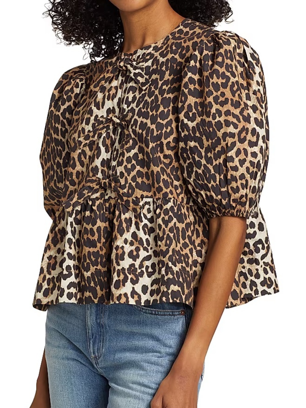 GANNI Women's Leopard Print Cotton Poplin Peplum Tie Blouse Top Size 36